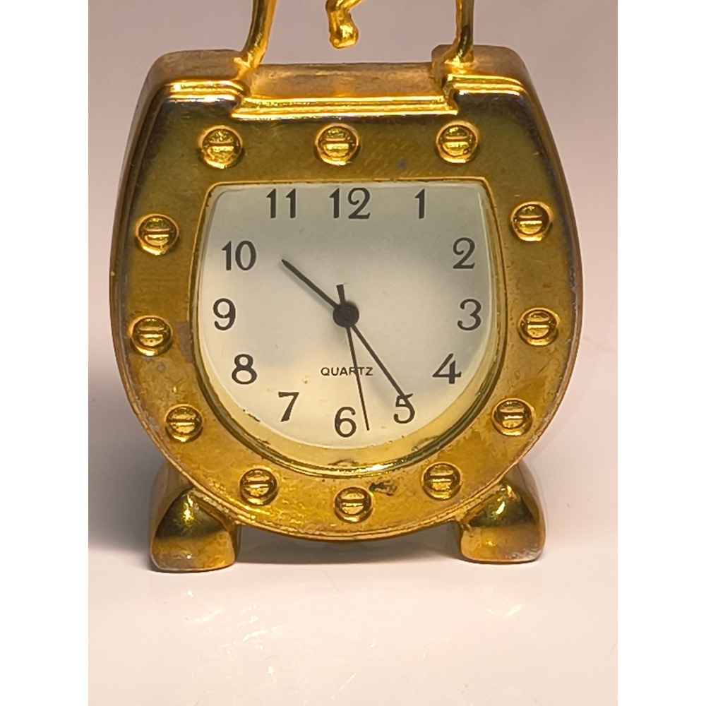 Horse & Lucky Horseshoe Mini Desk Clock Gold Tone- Equestrian Collectible- Works - Picture 6 of 8